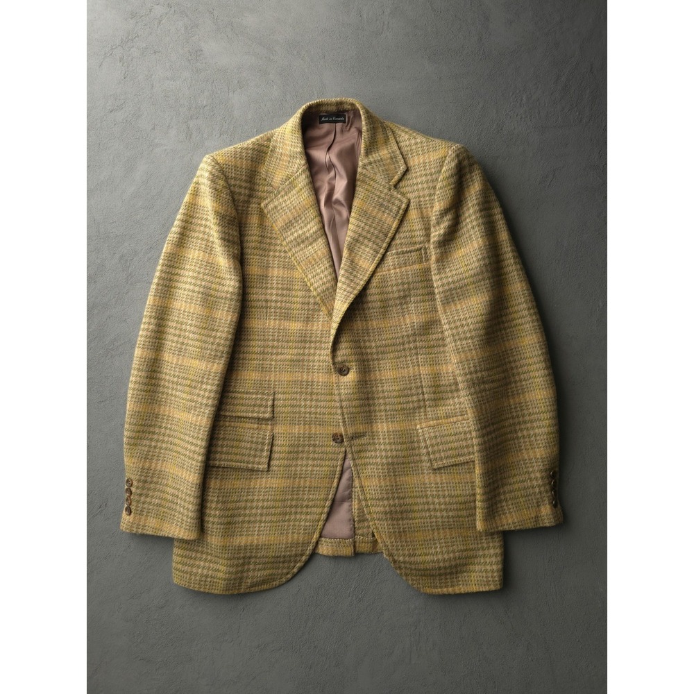 Vintage 1970s Union Made Yellow Plaid Check Wool Tweed Sport Coat Jacket M